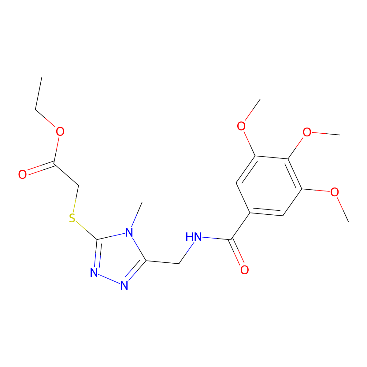 ethyl 2-((4-methyl-5-((3,4,5-trimethoxybenzamido)methyl)-4H-1,2,4-triazol-3-yl)thio)acetate molecular structure, CAS 689747-25-9