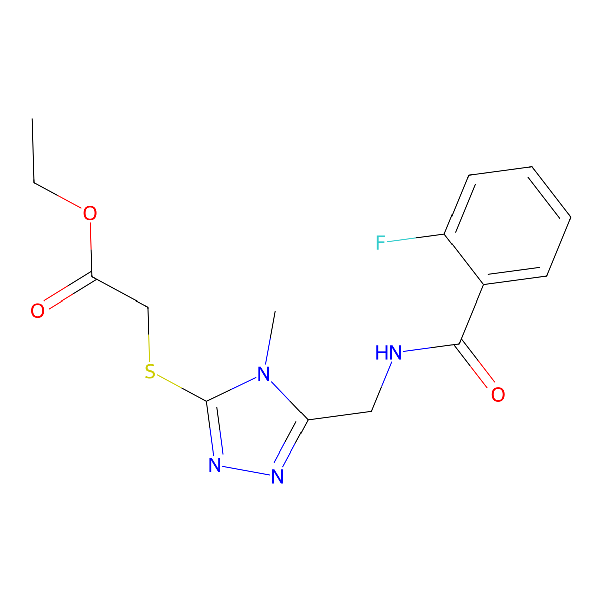 ethyl 2-((5-((2-fluorobenzamido)methyl)-4-methyl-4H-1,2,4-triazol-3-yl)thio)acetate molecular structure, CAS 689747-30-6