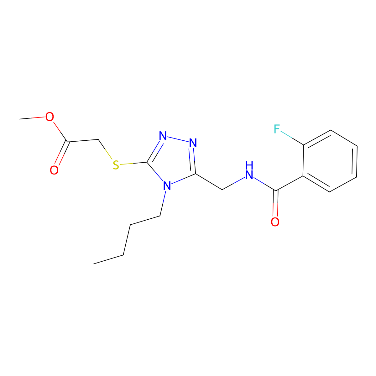 Methyl 2-[[4-butyl-5-[[(2-fluorobenzoyl)amino]methyl]-1,2,4-triazol-3-yl]sulfanyl]acetate molecular structure, CAS 689747-35-1