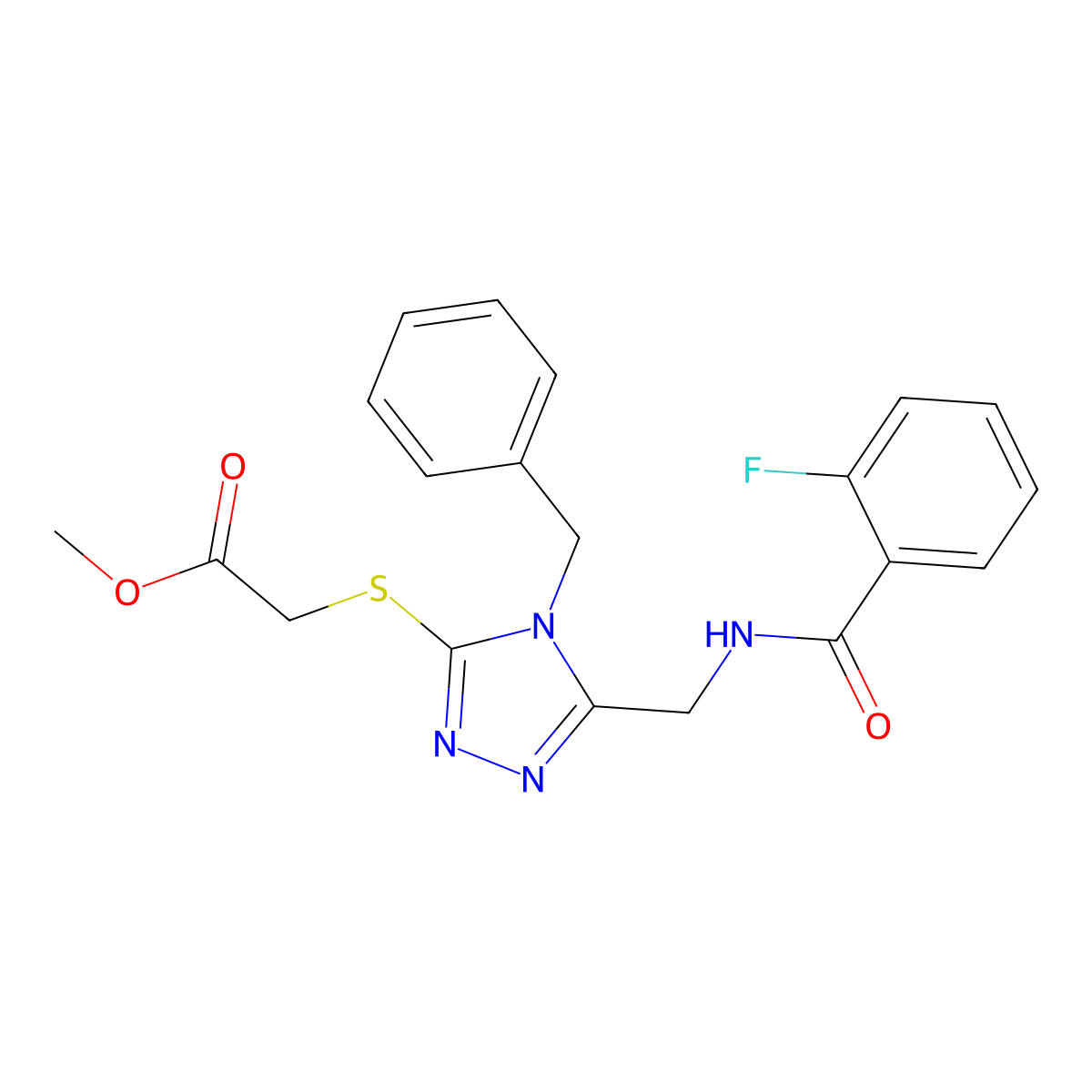 Methyl 2-[[4-benzyl-5-[[(2-fluorobenzoyl)amino]methyl]-1,2,4-triazol-3-yl]sulfanyl]acetate molecular structure, CAS 689747-40-8