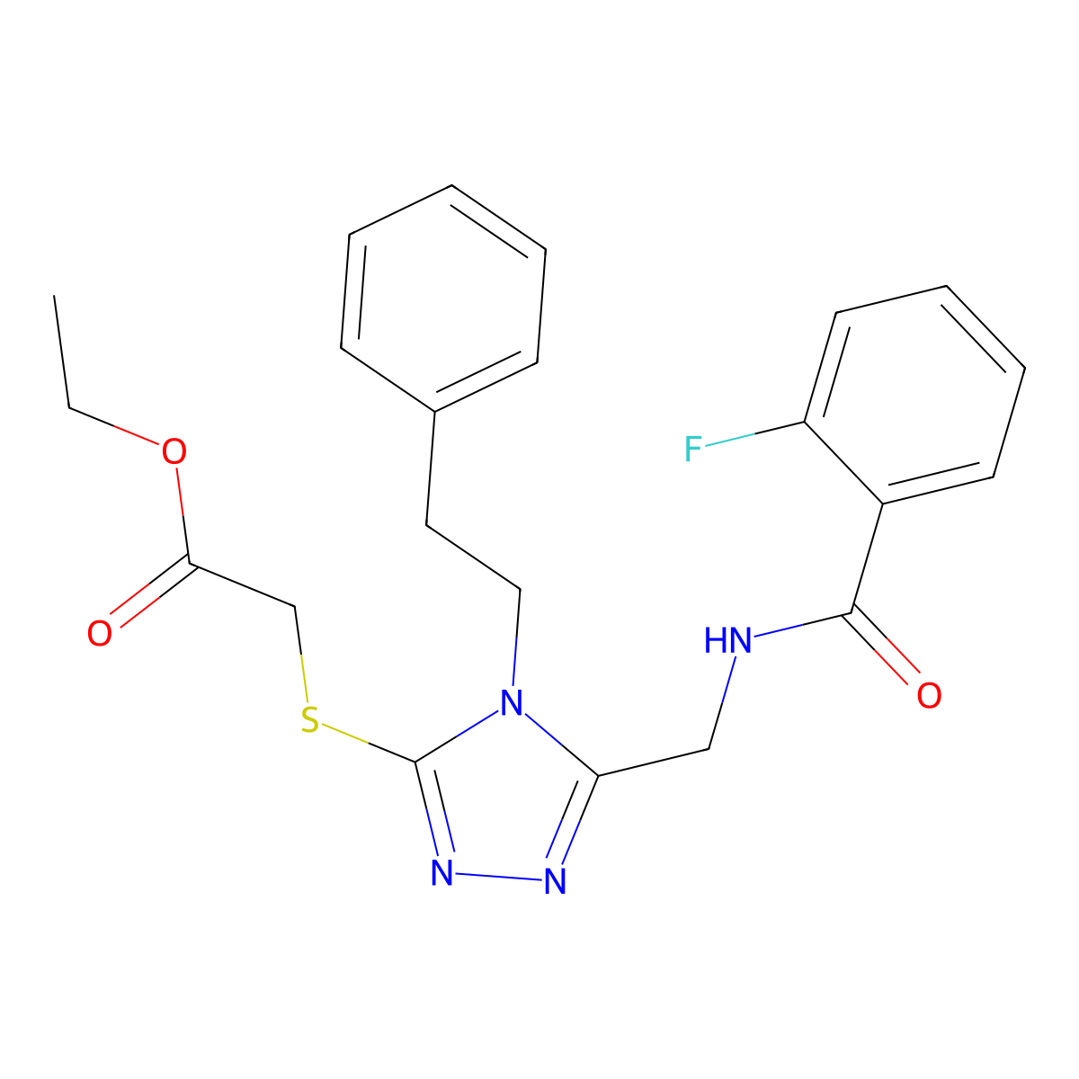 ethyl 2-((5-((2-fluorobenzamido)methyl)-4-phenethyl-4H-1,2,4-triazol-3-yl)thio)acetate molecular structure, CAS 689747-45-3