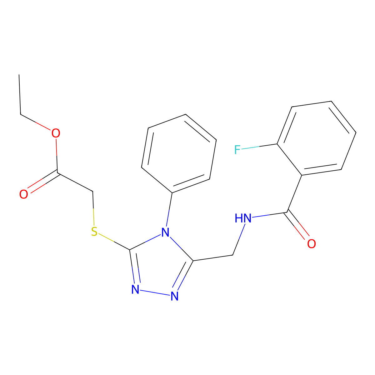 ethyl 2-((5-((2-fluorobenzamido)methyl)-4-phenyl-4H-1,2,4-triazol-3-yl)thio)acetate molecular structure, CAS 689747-55-5