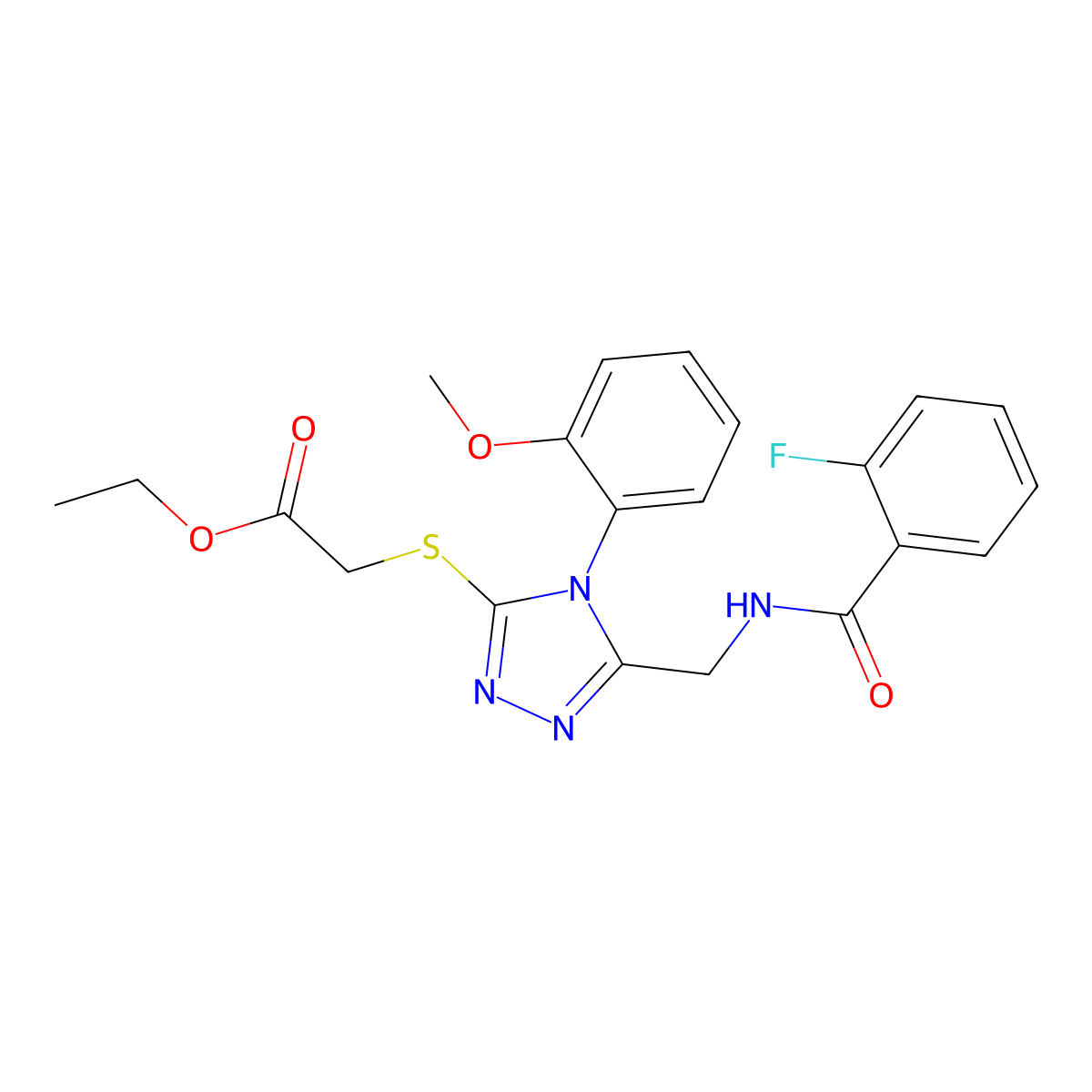 ethyl 2-((5-((2-fluorobenzamido)methyl)-4-(2-methoxyphenyl)-4H-1,2,4-triazol-3-yl)thio)acetate molecular structure, CAS 689747-59-9
