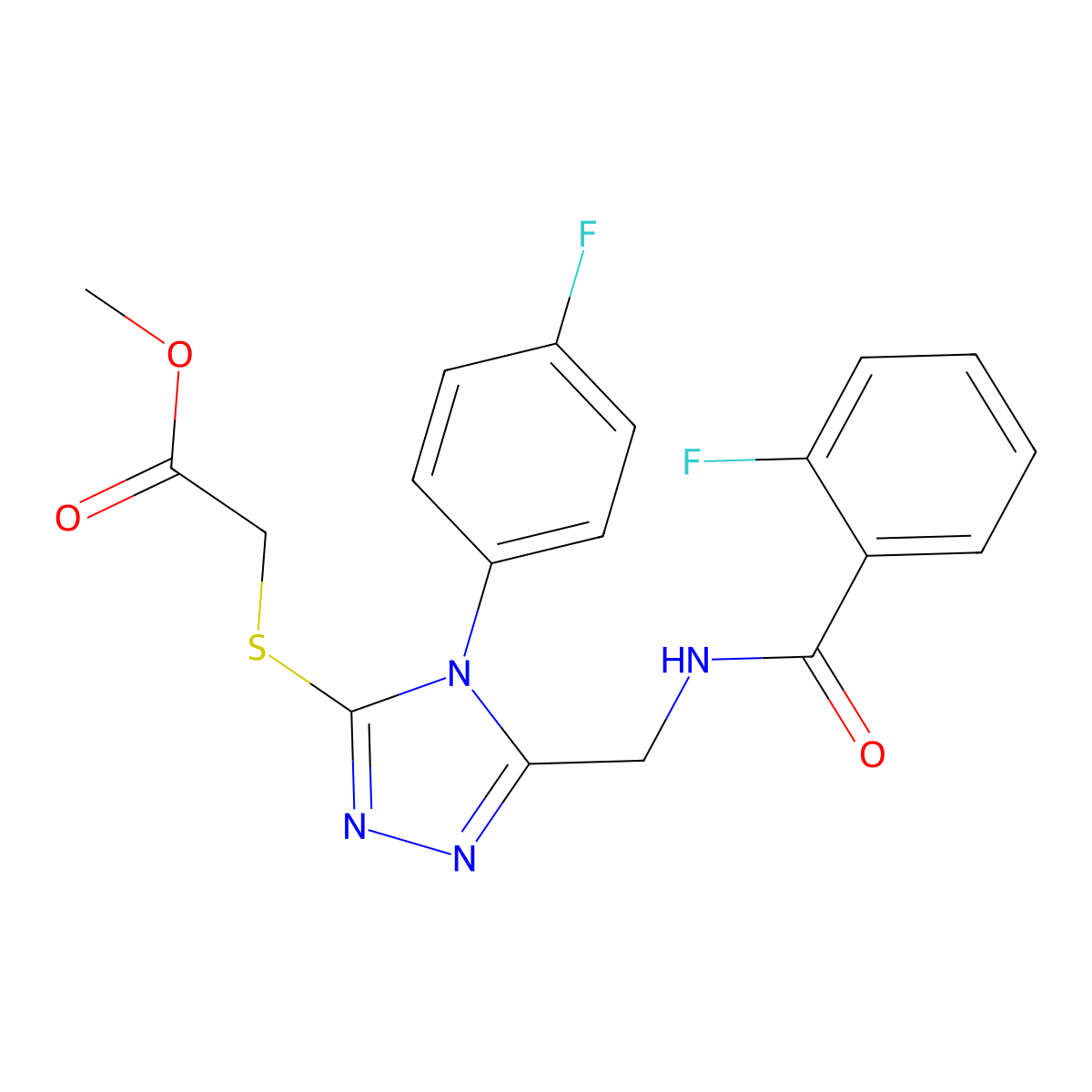 Methyl 2-[[5-[[(2-fluorobenzoyl)amino]methyl]-4-(4-fluorophenyl)-1,2,4-triazol-3-yl]sulfanyl]acetate molecular structure, CAS 689747-74-8