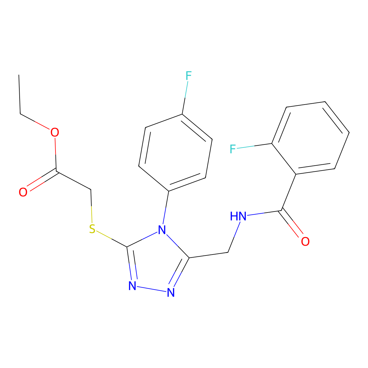 ethyl 2-((5-((2-fluorobenzamido)methyl)-4-(4-fluorophenyl)-4H-1,2,4-triazol-3-yl)thio)acetate molecular structure, CAS 689747-79-3