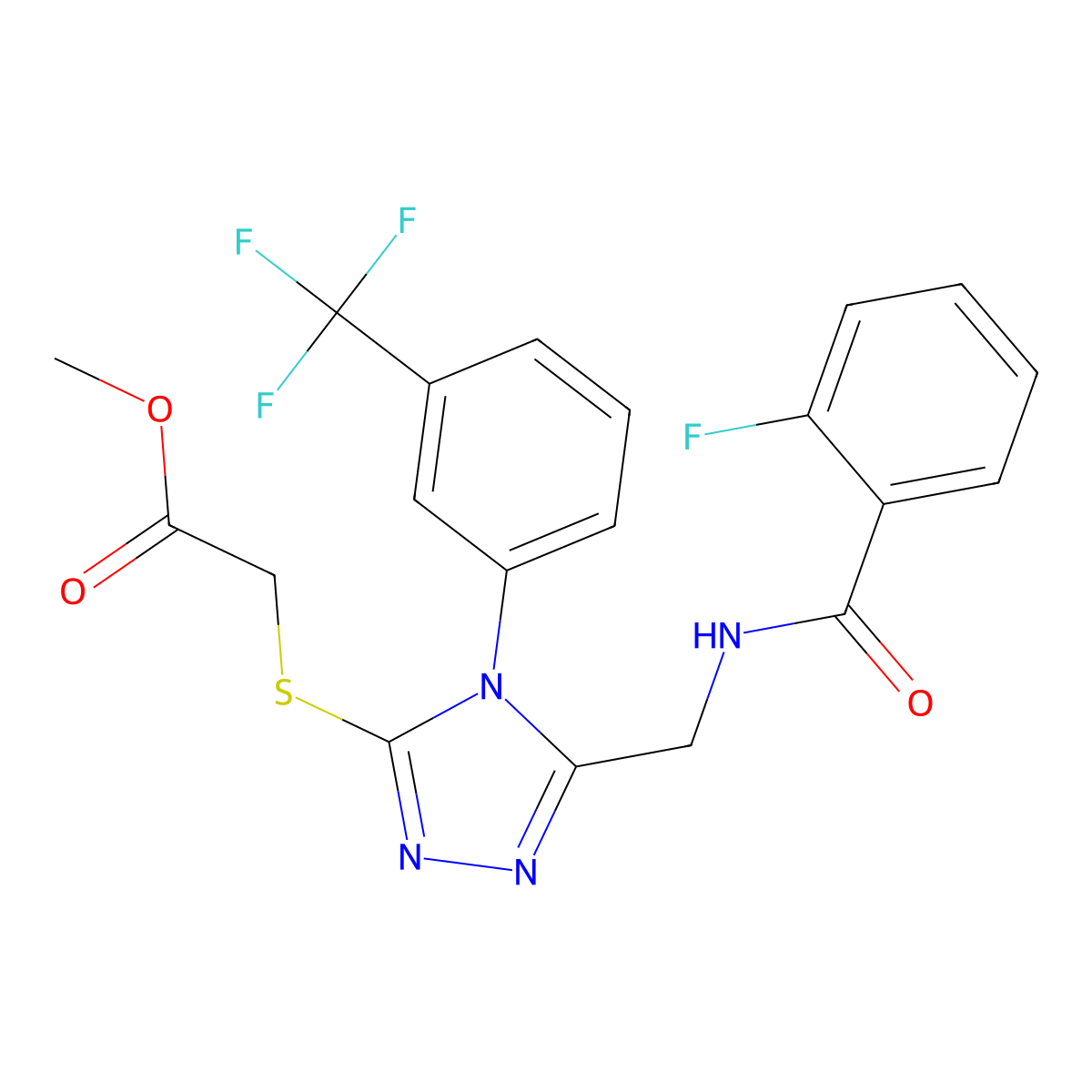 methyl 2-((5-((2-fluorobenzamido)methyl)-4-(3-(trifluoromethyl)phenyl)-4H-1,2,4-triazol-3-yl)thio)acetate molecular structure, CAS 689747-84-0