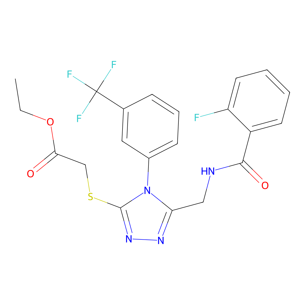 ethyl 2-((5-((2-fluorobenzamido)methyl)-4-(3-(trifluoromethyl)phenyl)-4H-1,2,4-triazol-3-yl)thio)acetate molecular structure, CAS 689747-89-5