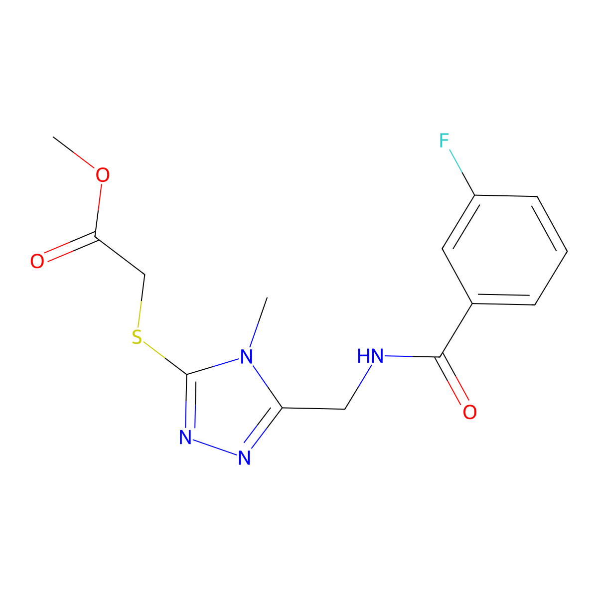 methyl 2-((5-((3-fluorobenzamido)methyl)-4-methyl-4H-1,2,4-triazol-3-yl)thio)acetate molecular structure, CAS 689747-93-1