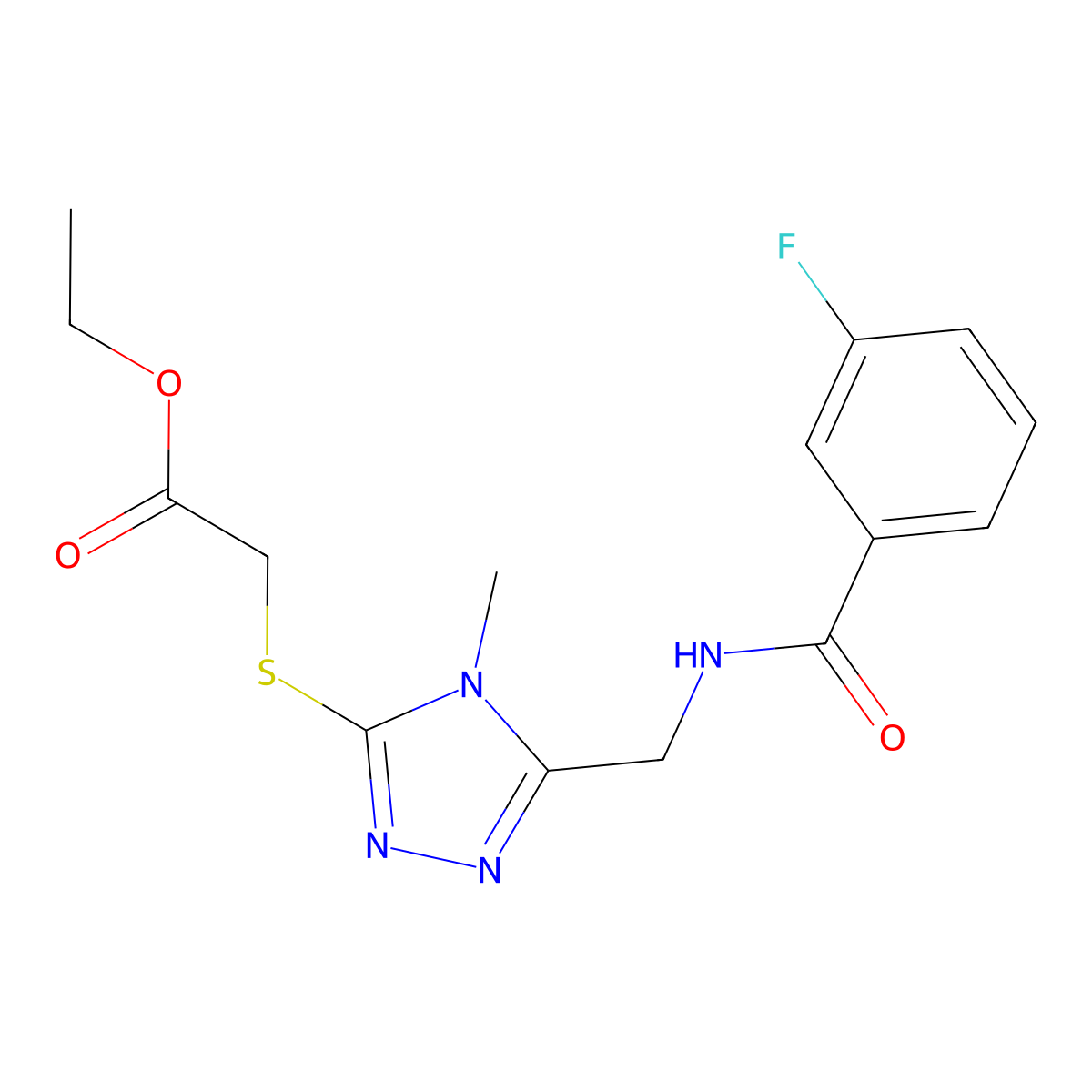 ethyl 2-((5-((3-fluorobenzamido)methyl)-4-methyl-4H-1,2,4-triazol-3-yl)thio)acetate molecular structure, CAS 689747-99-7
