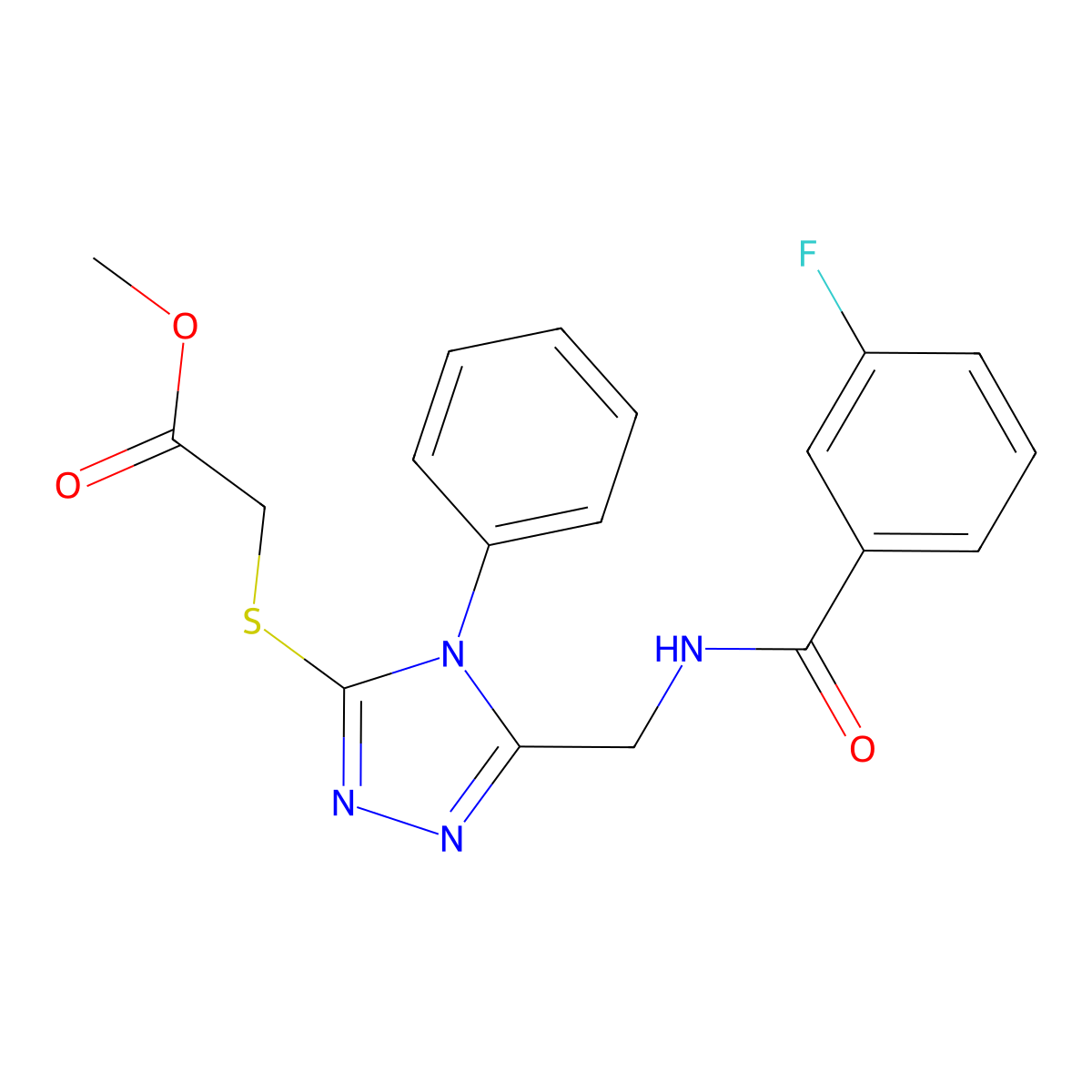 Methyl 2-[[5-[[(3-fluorobenzoyl)amino]methyl]-4-phenyl-1,2,4-triazol-3-yl]sulfanyl]acetate molecular structure, CAS 689748-04-7