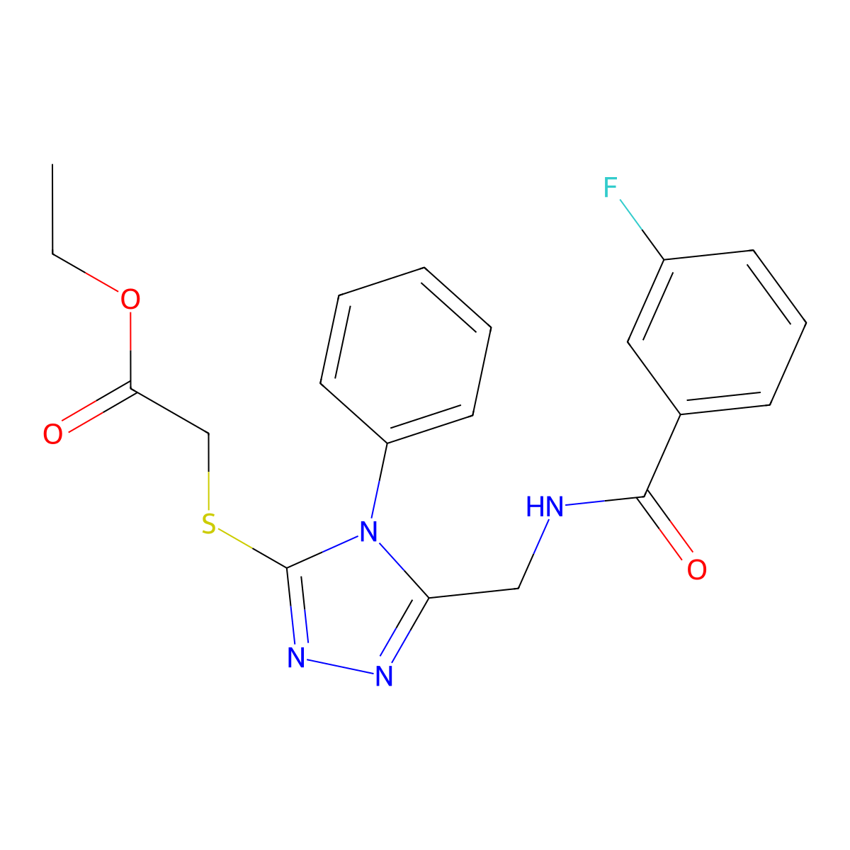 Ethyl 2-[[5-[[(3-fluorobenzoyl)amino]methyl]-4-phenyl-1,2,4-triazol-3-yl]sulfanyl]acetate molecular structure, CAS 689748-08-1