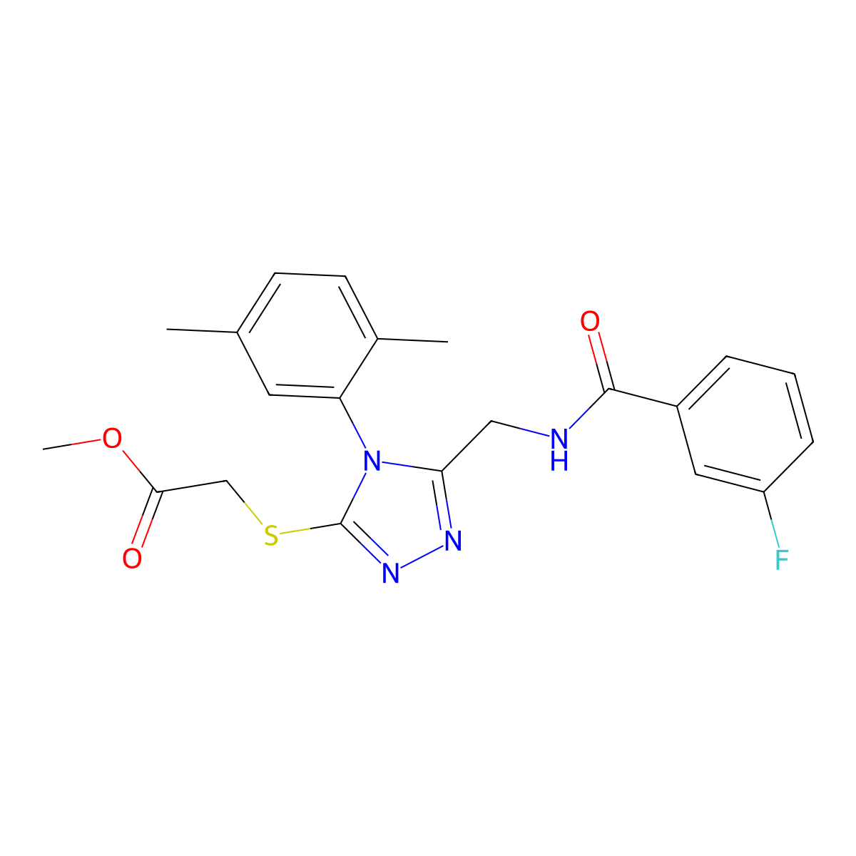 Methyl 2-[[4-(2,5-dimethylphenyl)-5-[[(3-fluorobenzoyl)amino]methyl]-1,2,4-triazol-3-yl]sulfanyl]acetate molecular structure, CAS 689748-11-6