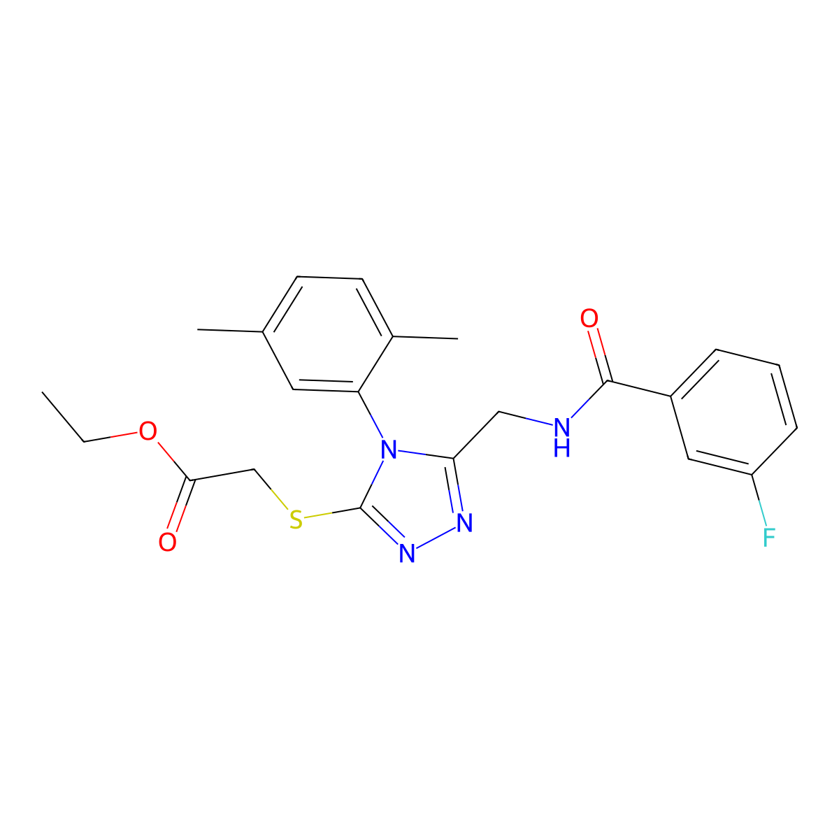 Ethyl 2-[[4-(2,5-dimethylphenyl)-5-[[(3-fluorobenzoyl)amino]methyl]-1,2,4-triazol-3-yl]sulfanyl]acetate molecular structure, CAS 689748-15-0