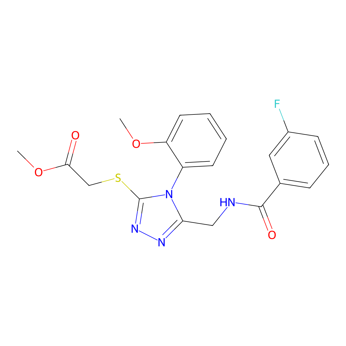 methyl 2-((5-((3-fluorobenzamido)methyl)-4-(2-methoxyphenyl)-4H-1,2,4-triazol-3-yl)thio)acetate molecular structure, CAS 689748-20-7