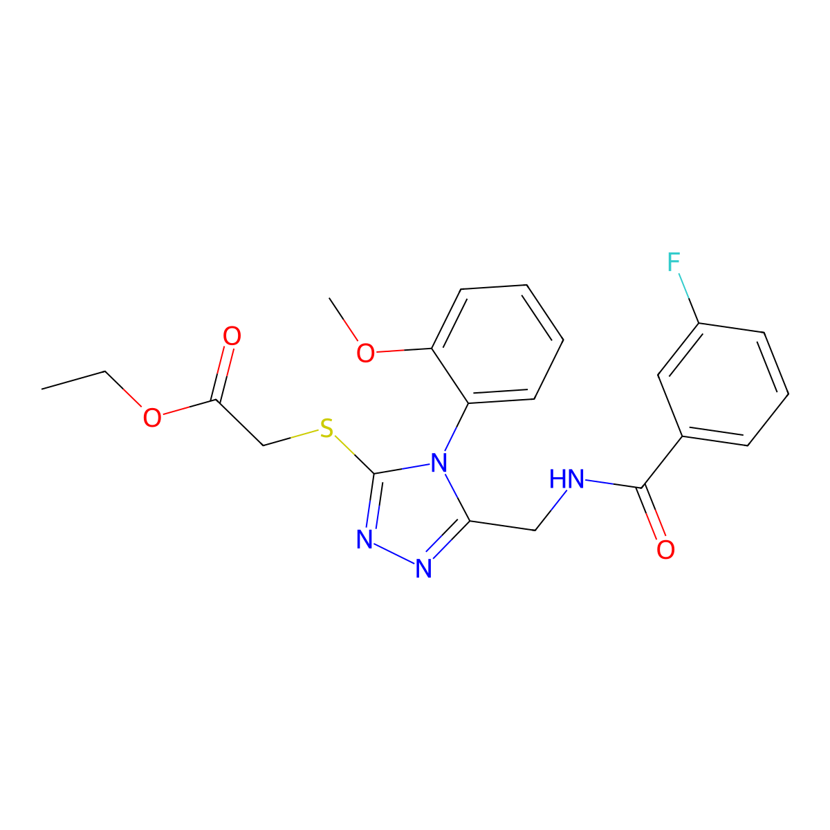 ethyl 2-((5-((3-fluorobenzamido)methyl)-4-(2-methoxyphenyl)-4H-1,2,4-triazol-3-yl)thio)acetate molecular structure, CAS 689748-25-2