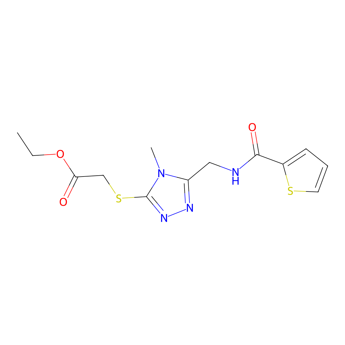 ethyl 2-((4-methyl-5-((thiophene-2-carboxamido)methyl)-4H-1,2,4-triazol-3-yl)thio)acetate molecular structure, CAS 689748-50-3