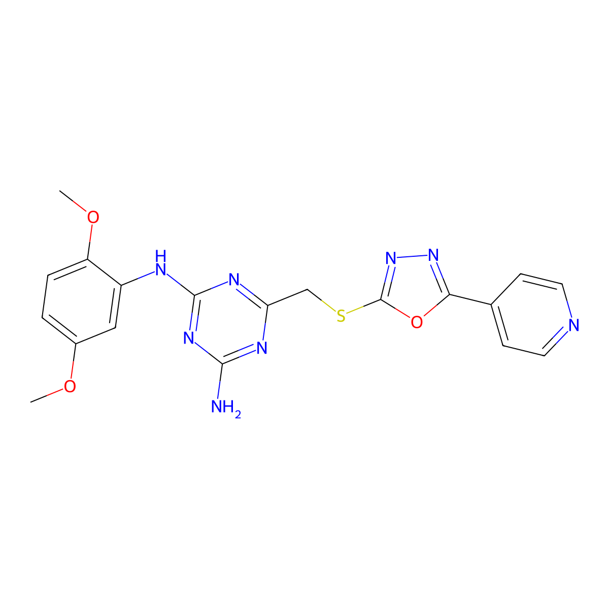 N-(2,5-dimethoxyphenyl)-6-({[5-(4-pyridinyl)-1,3,4-oxadiazol-2-yl]thio}methyl)-1,3,5-triazine-2,4-diamine molecular structure, CAS 689748-55-8
