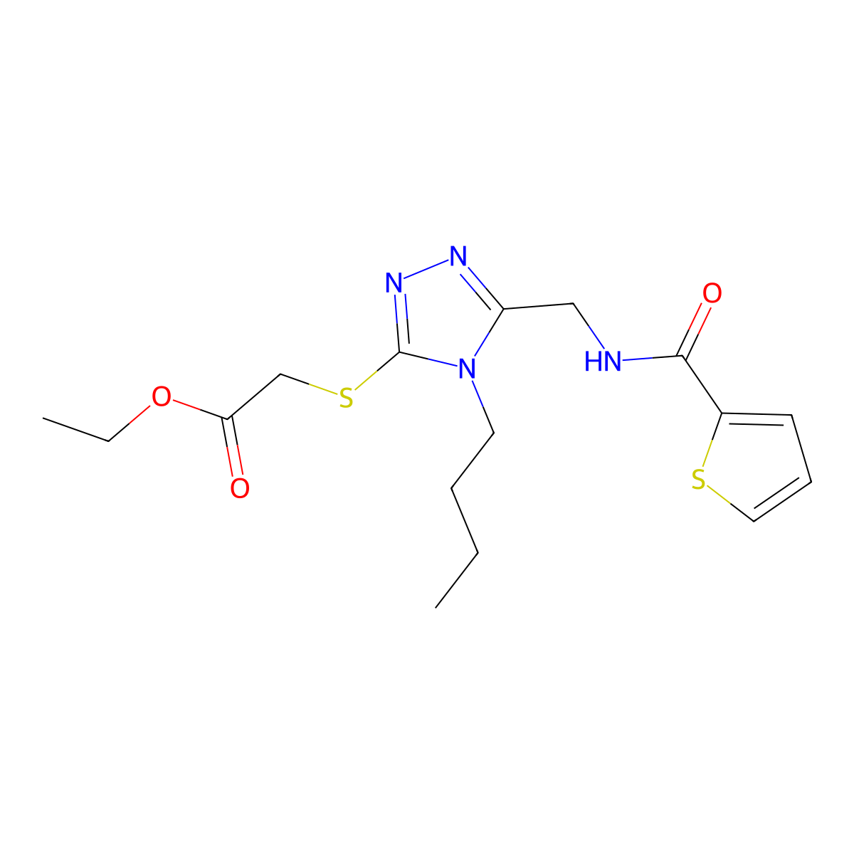 ethyl 2-((4-butyl-5-((thiophene-2-carboxamido)methyl)-4H-1,2,4-triazol-3-yl)thio)acetate molecular structure, CAS 689748-56-9
