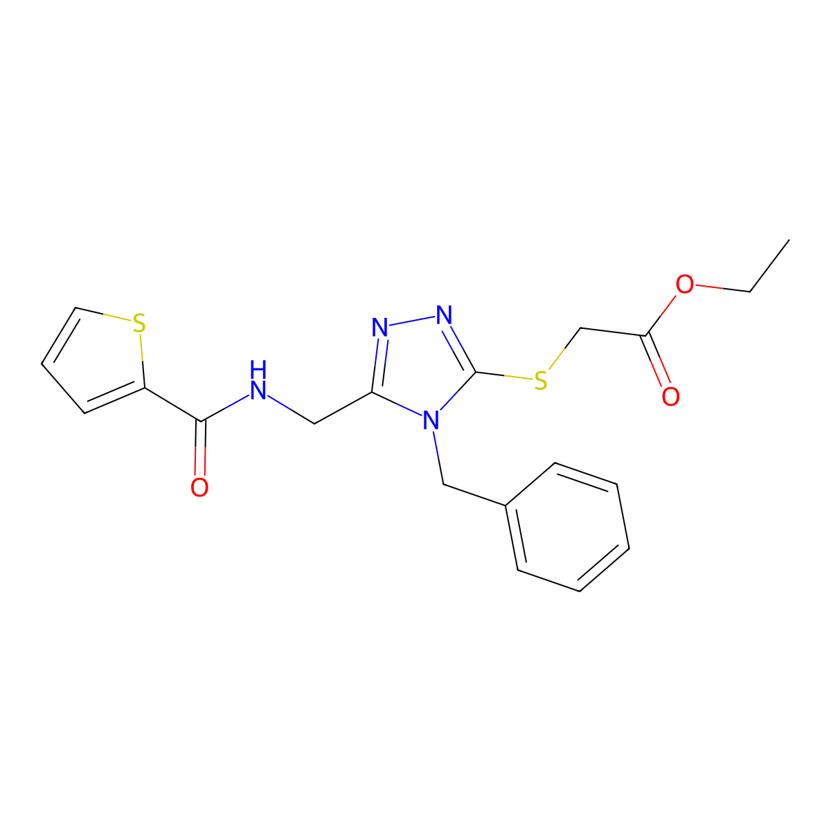 Ethyl 2-[[4-benzyl-5-[(thiophene-2-carbonylamino)methyl]-1,2,4-triazol-3-yl]sulfanyl]acetate molecular structure, CAS 689748-61-6