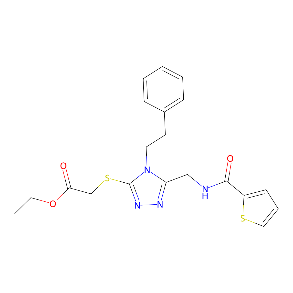 ethyl 2-((4-phenethyl-5-((thiophene-2-carboxamido)methyl)-4H-1,2,4-triazol-3-yl)thio)acetate molecular structure, CAS 689748-66-1