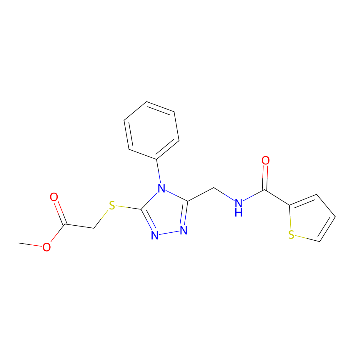 methyl 2-((4-phenyl-5-((thiophene-2-carboxamido)methyl)-4H-1,2,4-triazol-3-yl)thio)acetate molecular structure, CAS 689748-71-8