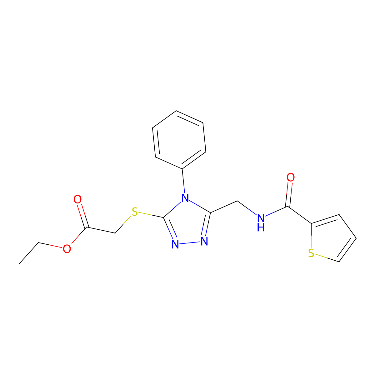 ethyl 2-((4-phenyl-5-((thiophene-2-carboxamido)methyl)-4H-1,2,4-triazol-3-yl)thio)acetate molecular structure, CAS 689748-76-3