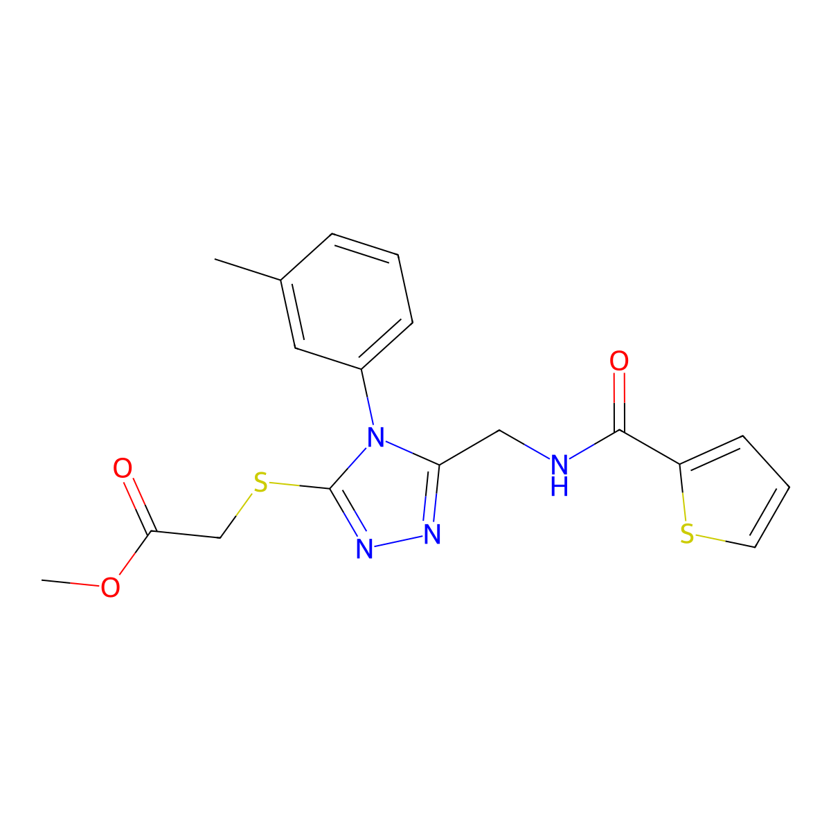 Methyl 2-[[4-(3-methylphenyl)-5-[(thiophene-2-carbonylamino)methyl]-1,2,4-triazol-3-yl]sulfanyl]acetate molecular structure, CAS 689748-81-0