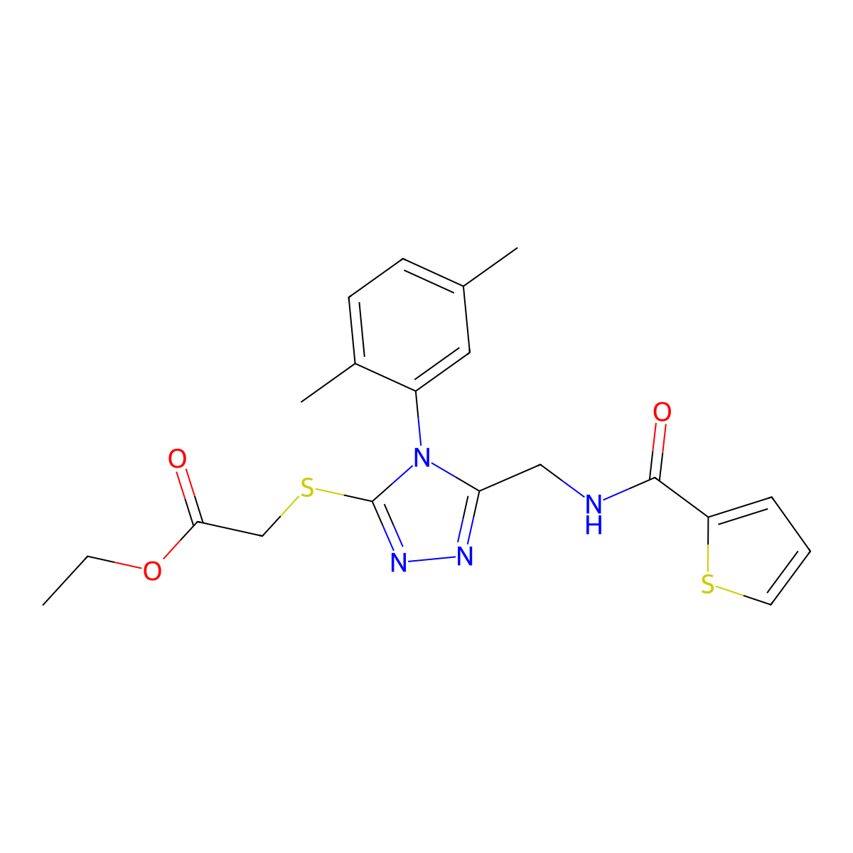 ethyl 2-((4-(2,5-dimethylphenyl)-5-((thiophene-2-carboxamido)methyl)-4H-1,2,4-triazol-3-yl)thio)acetate molecular structure, CAS 689748-92-3