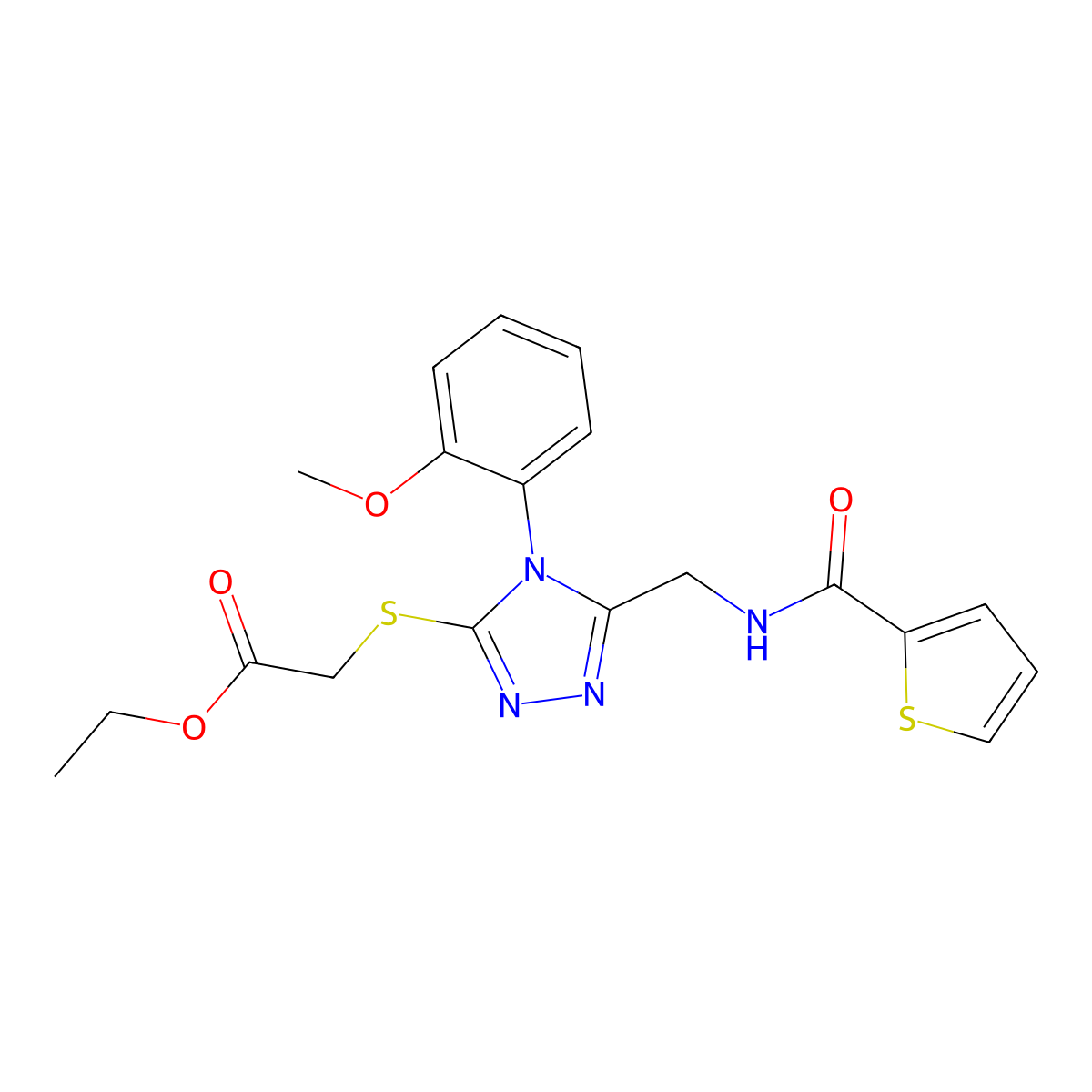 ethyl 2-((4-(2-methoxyphenyl)-5-((thiophene-2-carboxamido)methyl)-4H-1,2,4-triazol-3-yl)thio)acetate molecular structure, CAS 689748-97-8
