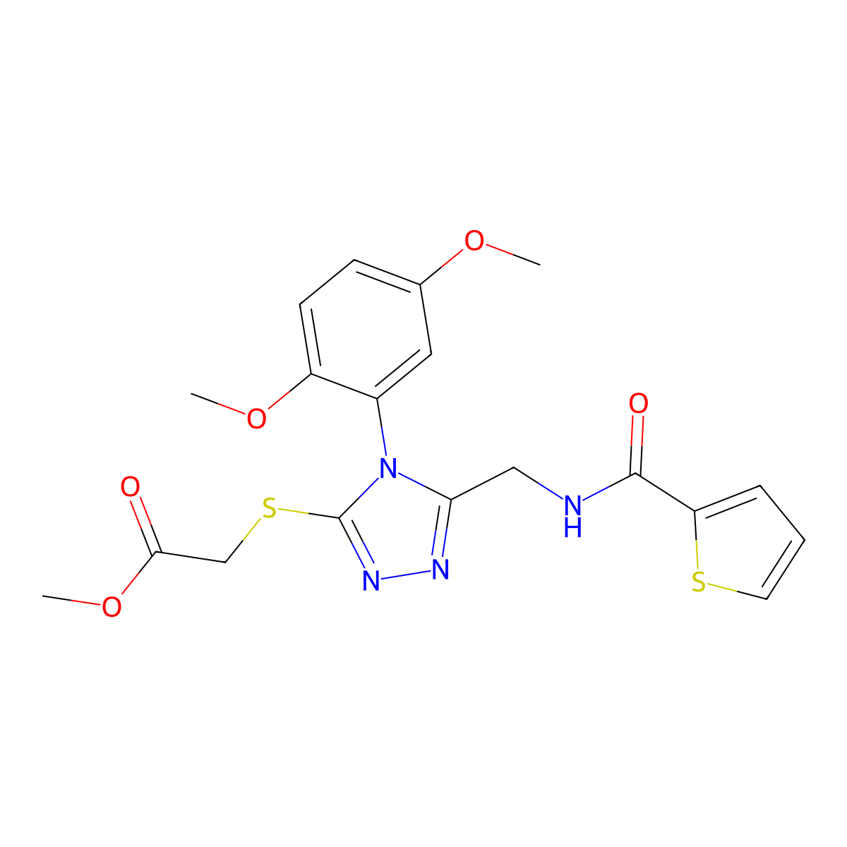 methyl 2-((4-(2,5-dimethoxyphenyl)-5-((thiophene-2-carboxamido)methyl)-4H-1,2,4-triazol-3-yl)thio)acetate molecular structure, CAS 689749-02-8