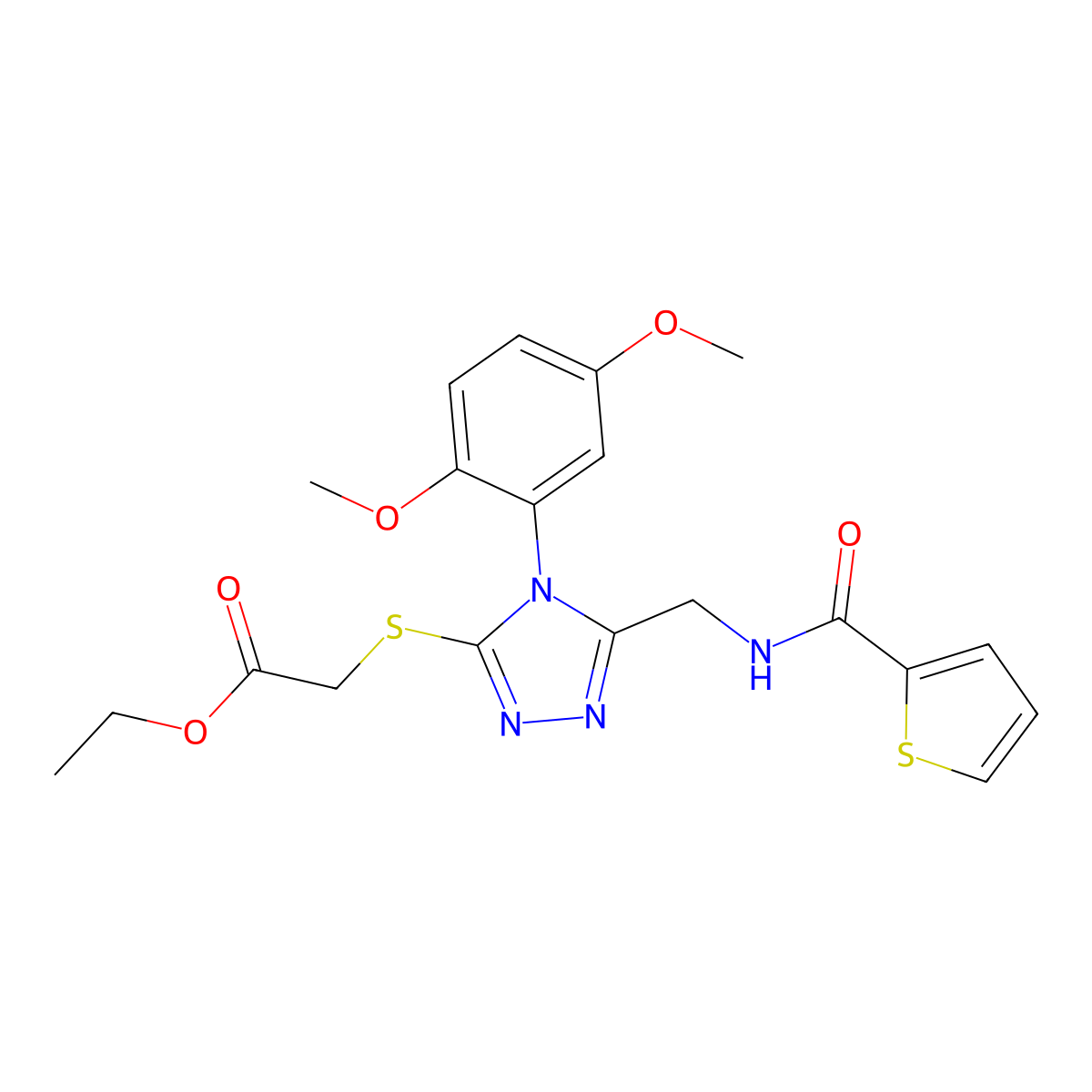 Ethyl 2-[[4-(2,5-dimethoxyphenyl)-5-[(thiophene-2-carbonylamino)methyl]-1,2,4-triazol-3-yl]sulfanyl]acetate molecular structure, CAS 689749-08-4