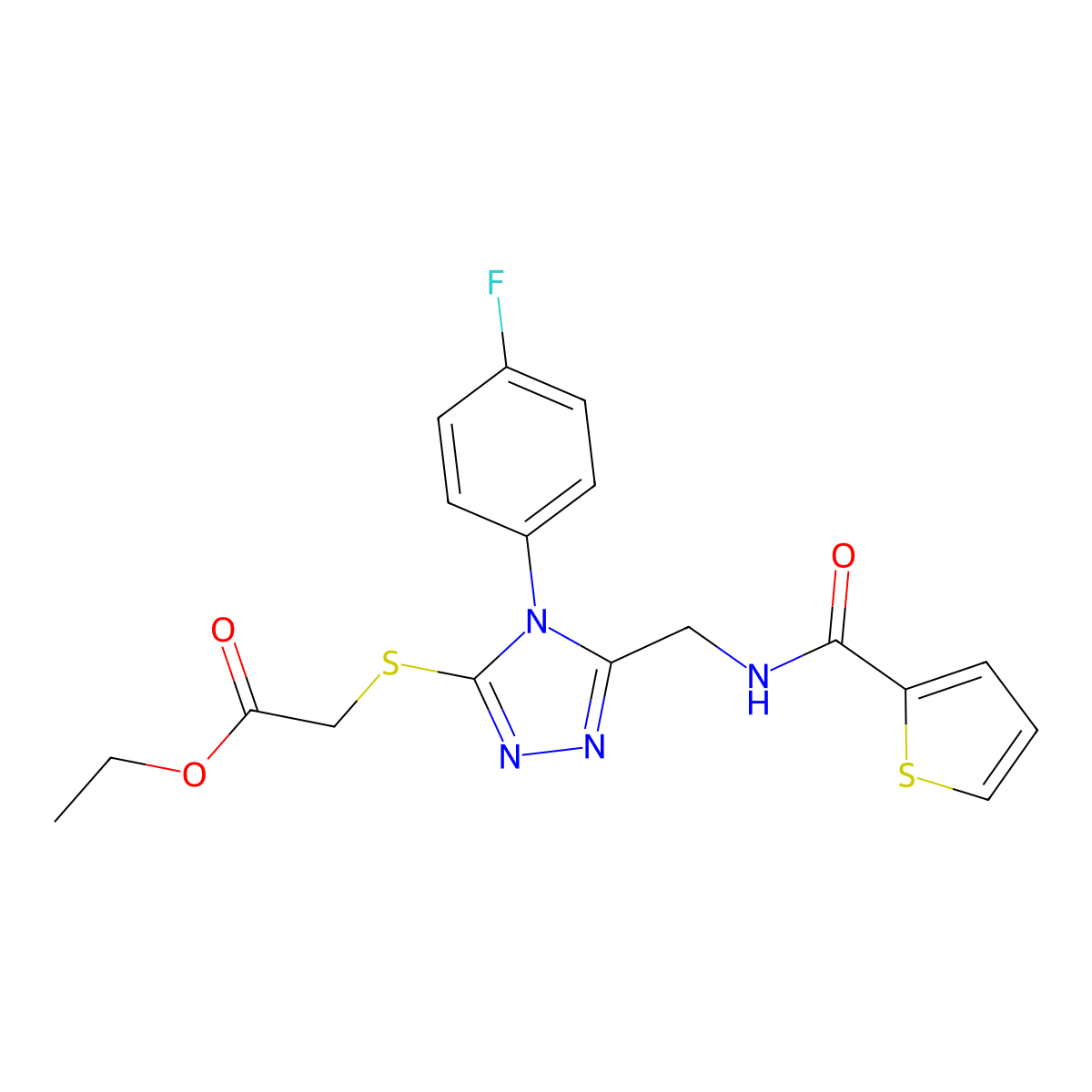 Ethyl 2-[[4-(4-fluorophenyl)-5-[(thiophene-2-carbonylamino)methyl]-1,2,4-triazol-3-yl]sulfanyl]acetate molecular structure, CAS 689749-13-1
