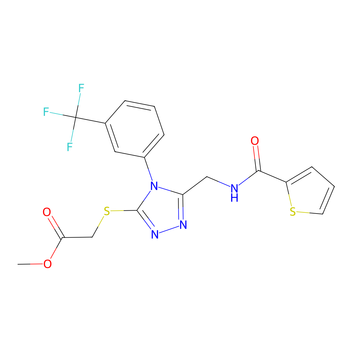 Methyl 2-[[5-[(thiophene-2-carbonylamino)methyl]-4-[3-(trifluoromethyl)phenyl]-1,2,4-triazol-3-yl]sulfanyl]acetate molecular structure, CAS 689749-18-6