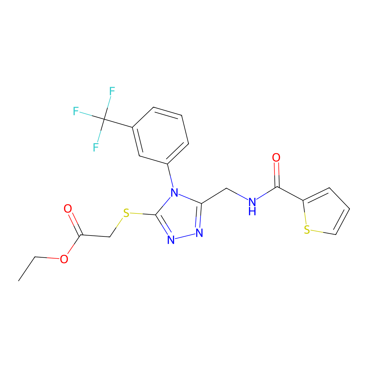 Ethyl 2-[[5-[(thiophene-2-carbonylamino)methyl]-4-[3-(trifluoromethyl)phenyl]-1,2,4-triazol-3-yl]sulfanyl]acetate molecular structure, CAS 689749-23-3