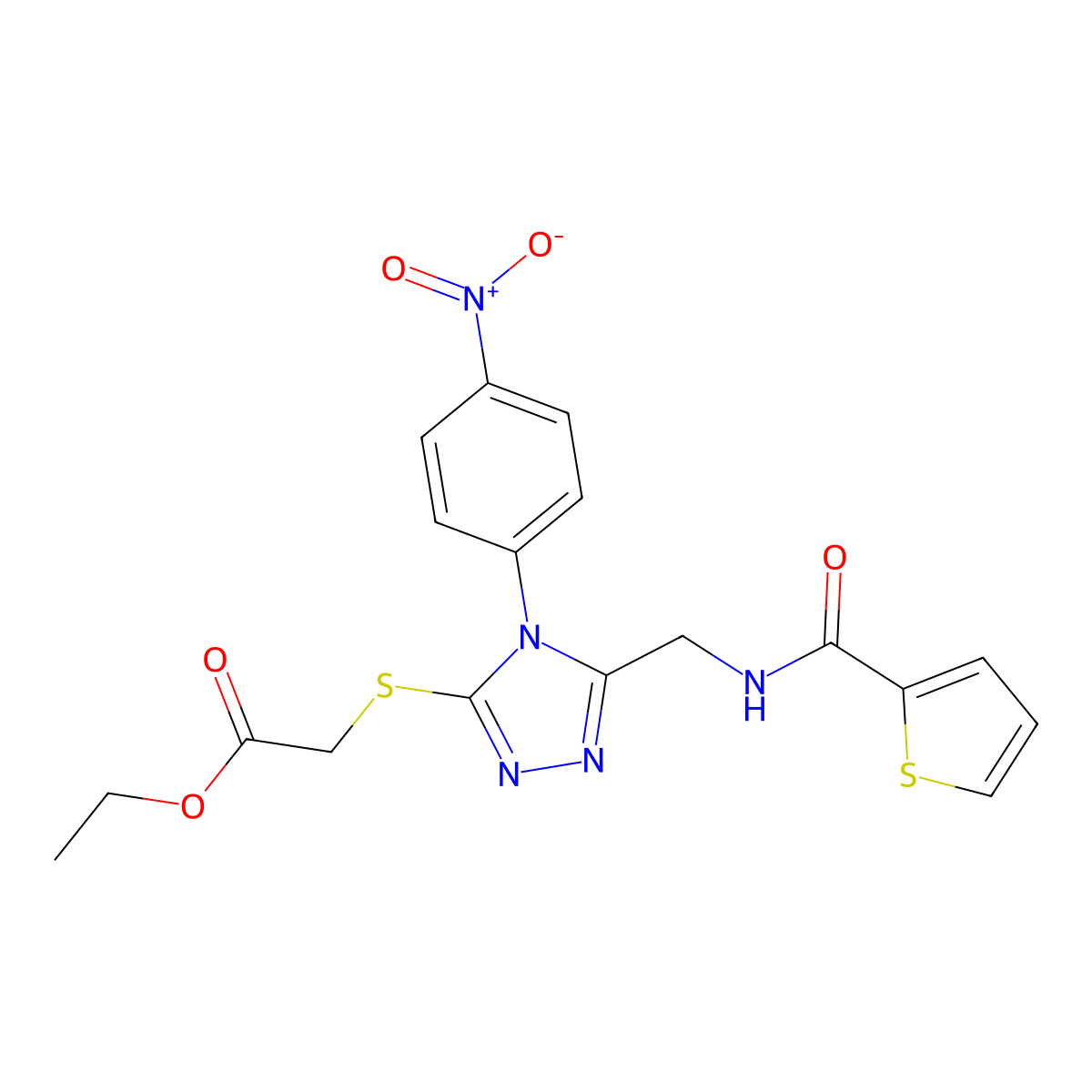 Ethyl 2-[[4-(4-nitrophenyl)-5-[(thiophene-2-carbonylamino)methyl]-1,2,4-triazol-3-yl]sulfanyl]acetate molecular structure, CAS 689749-28-8