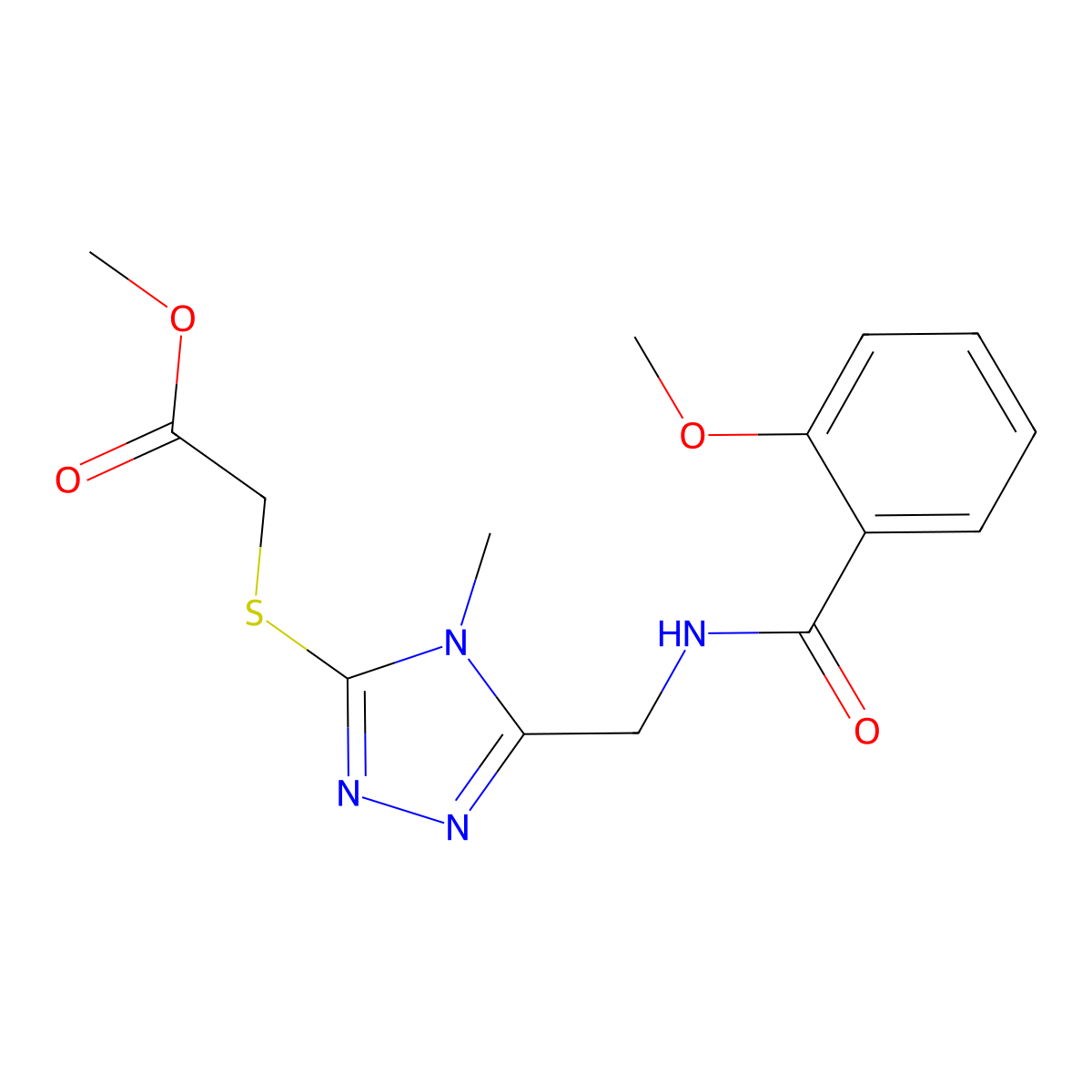 Methyl 2-[[5-[[(2-methoxybenzoyl)amino]methyl]-4-methyl-1,2,4-triazol-3-yl]sulfanyl]acetate molecular structure, CAS 689749-32-4