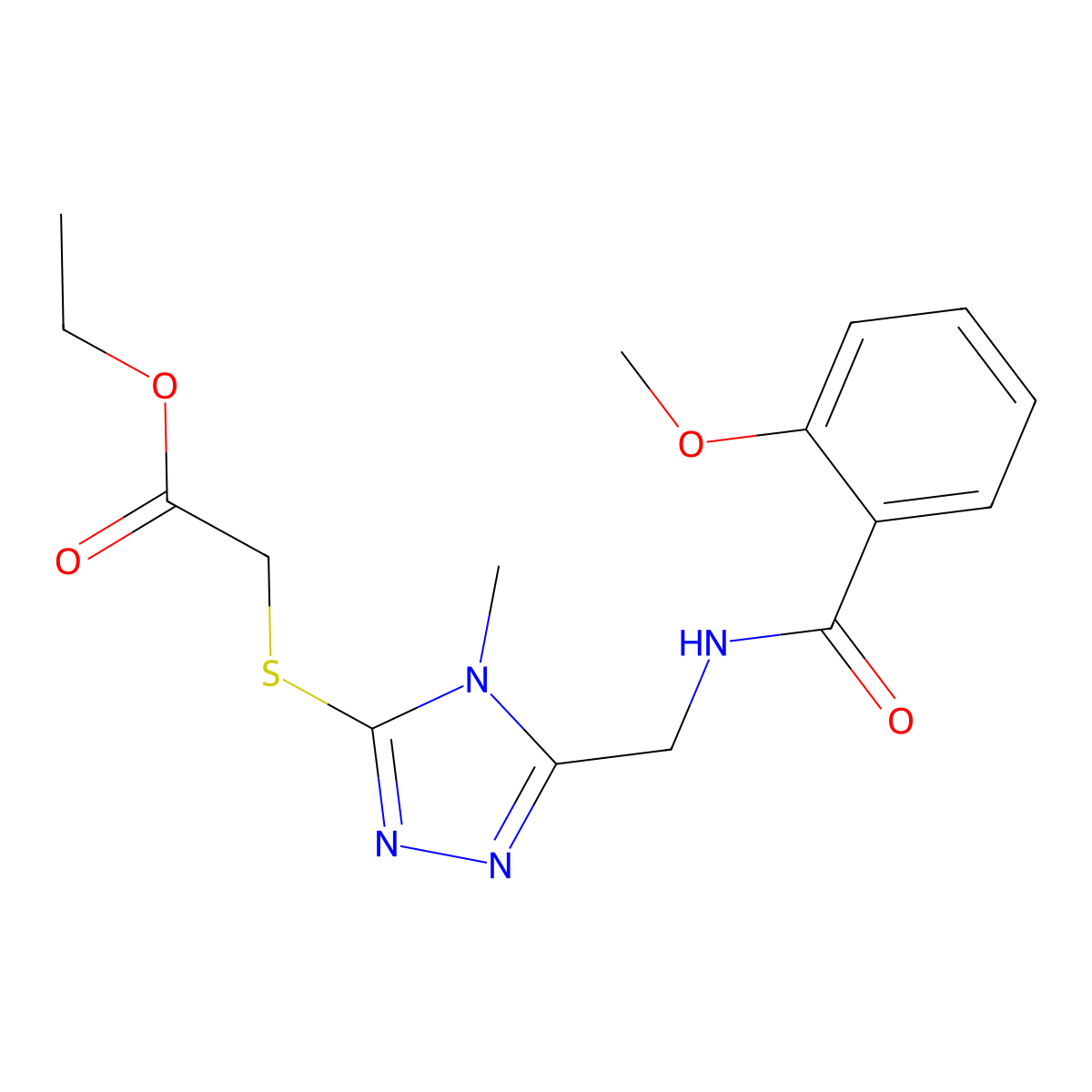 ethyl 2-((5-((2-methoxybenzamido)methyl)-4-methyl-4H-1,2,4-triazol-3-yl)thio)acetate molecular structure, CAS 689749-37-9
