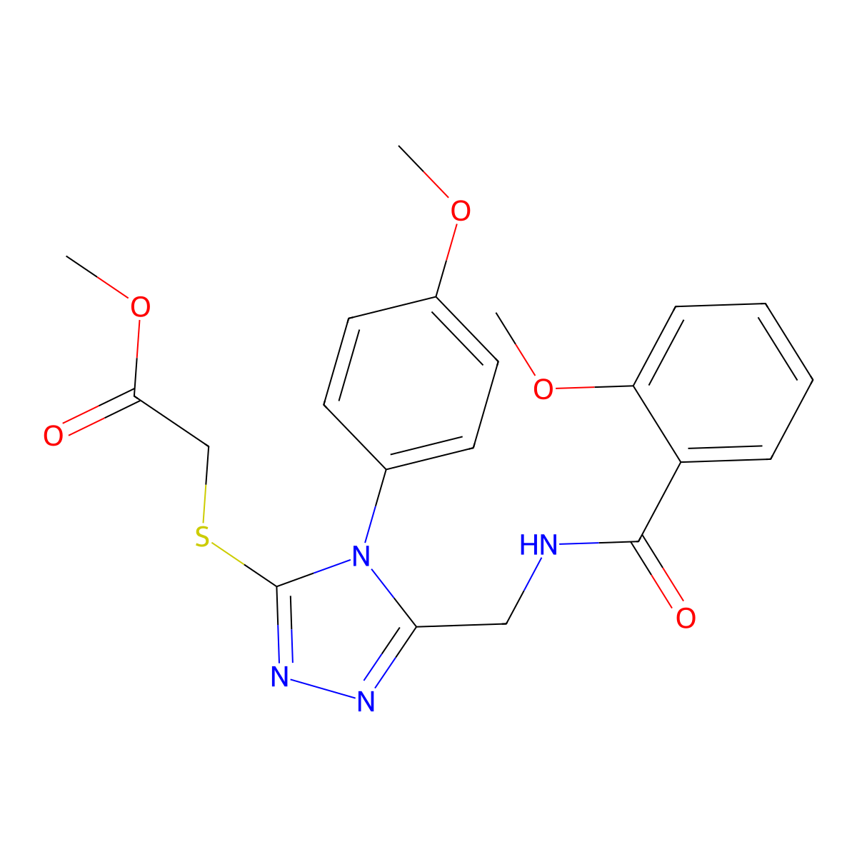 Methyl 2-[[5-[[(2-methoxybenzoyl)amino]methyl]-4-(4-methoxyphenyl)-1,2,4-triazol-3-yl]sulfanyl]acetate molecular structure, CAS 689749-42-6