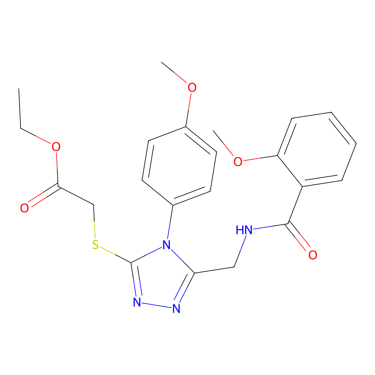Ethyl 2-[[5-[[(2-methoxybenzoyl)amino]methyl]-4-(4-methoxyphenyl)-1,2,4-triazol-3-yl]sulfanyl]acetate molecular structure, CAS 689749-47-1
