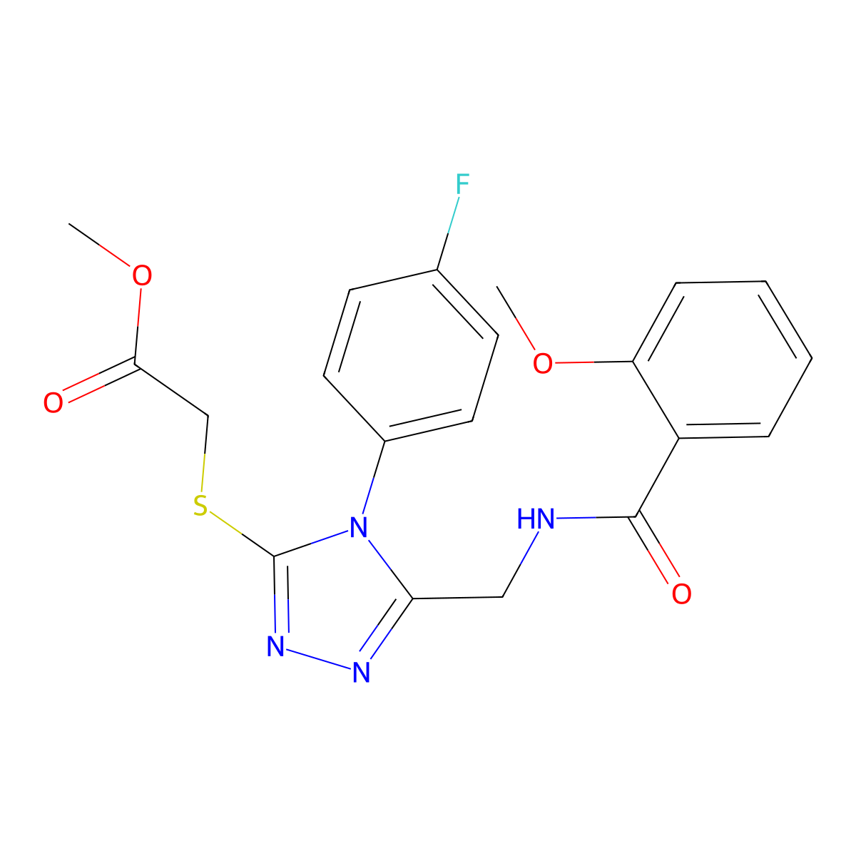 methyl 2-((4-(4-fluorophenyl)-5-((2-methoxybenzamido)methyl)-4H-1,2,4-triazol-3-yl)thio)acetate molecular structure, CAS 689749-51-7