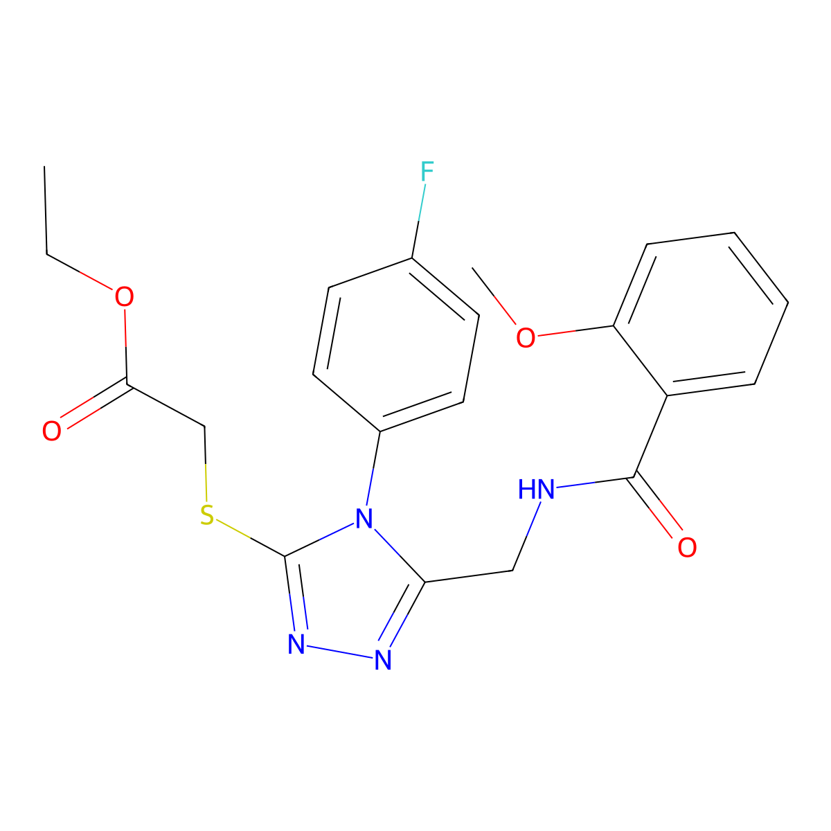ethyl 2-((4-(4-fluorophenyl)-5-((2-methoxybenzamido)methyl)-4H-1,2,4-triazol-3-yl)thio)acetate molecular structure, CAS 689749-56-2