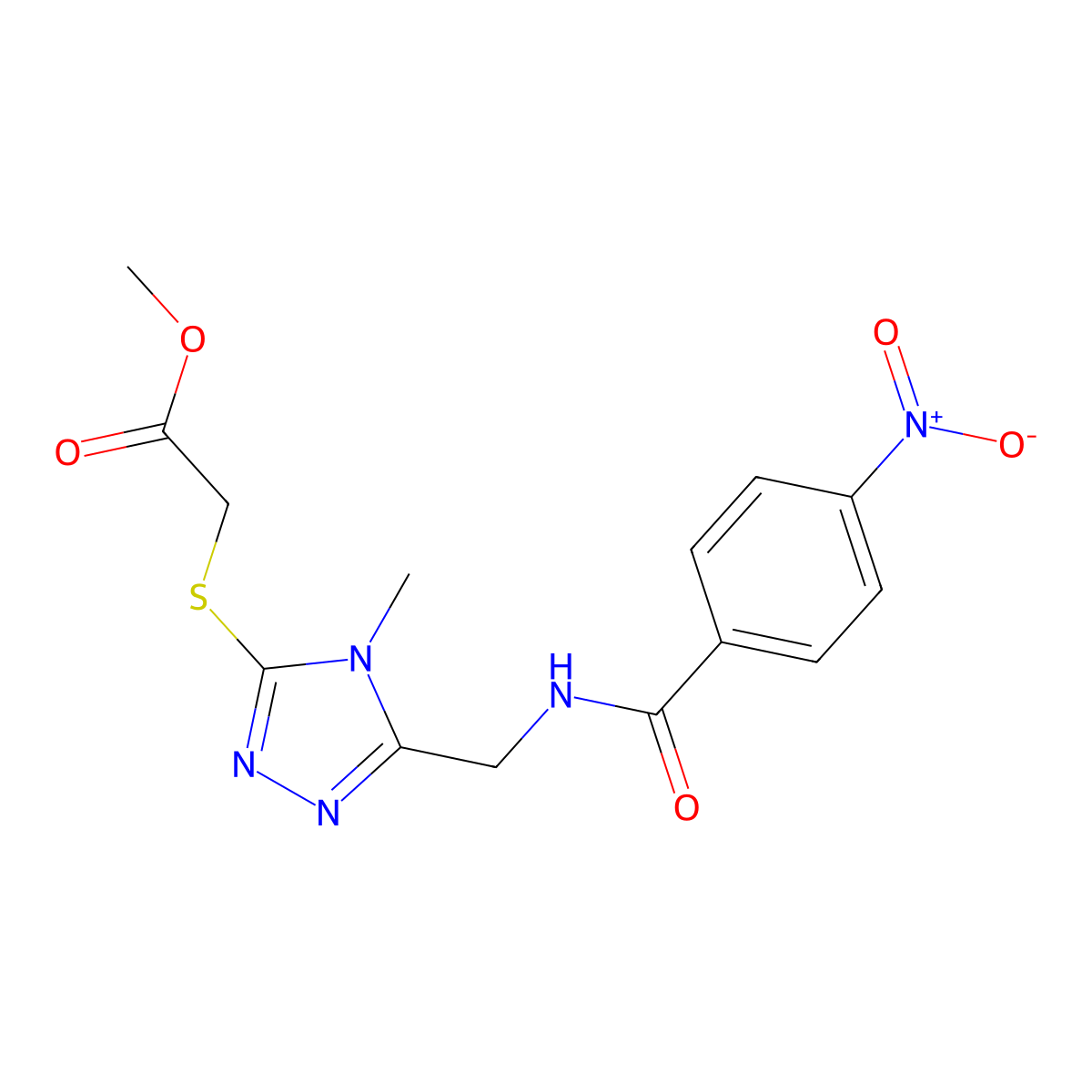 Methyl 2-[[4-methyl-5-[[(4-nitrobenzoyl)amino]methyl]-1,2,4-triazol-3-yl]sulfanyl]acetate molecular structure, CAS 689749-61-9