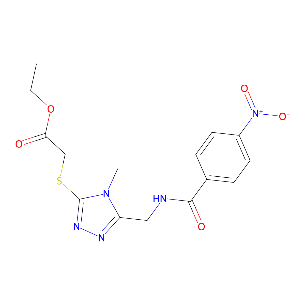 Ethyl 2-[[4-methyl-5-[[(4-nitrobenzoyl)amino]methyl]-1,2,4-triazol-3-yl]sulfanyl]acetate molecular structure, CAS 689749-66-4