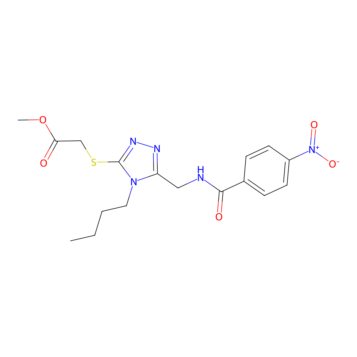 Methyl 2-[[4-butyl-5-[[(4-nitrobenzoyl)amino]methyl]-1,2,4-triazol-3-yl]sulfanyl]acetate molecular structure, CAS 689749-71-1
