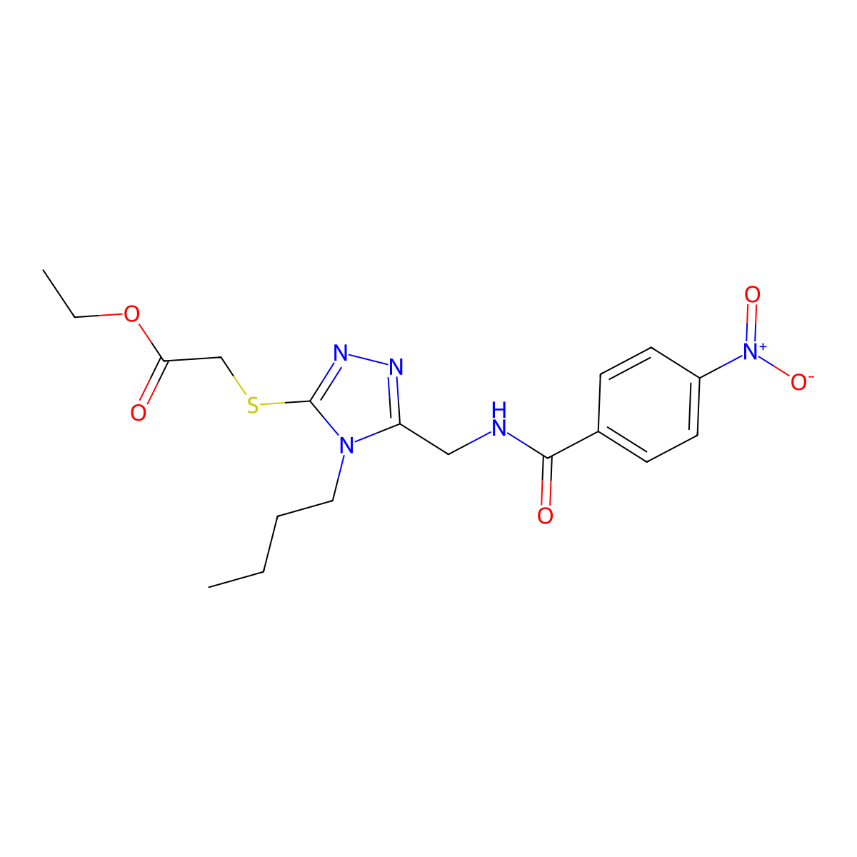 Ethyl 2-[[4-butyl-5-[[(4-nitrobenzoyl)amino]methyl]-1,2,4-triazol-3-yl]sulfanyl]acetate molecular structure, CAS 689749-77-7