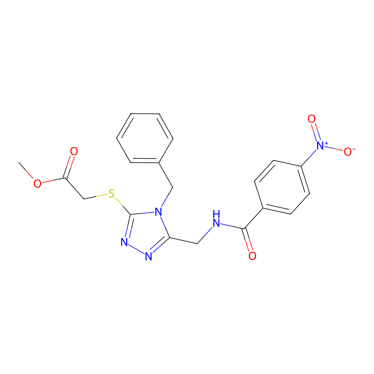 Methyl 2-[[4-benzyl-5-[[(4-nitrobenzoyl)amino]methyl]-1,2,4-triazol-3-yl]sulfanyl]acetate molecular structure, CAS 689749-83-5