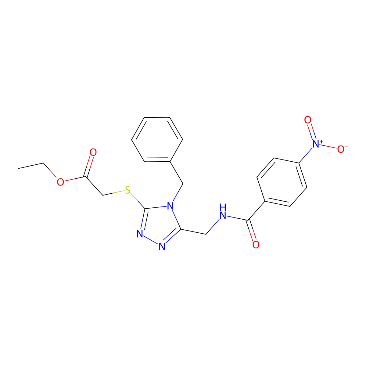 Ethyl 2-[[4-benzyl-5-[[(4-nitrobenzoyl)amino]methyl]-1,2,4-triazol-3-yl]sulfanyl]acetate molecular structure, CAS 689749-88-0