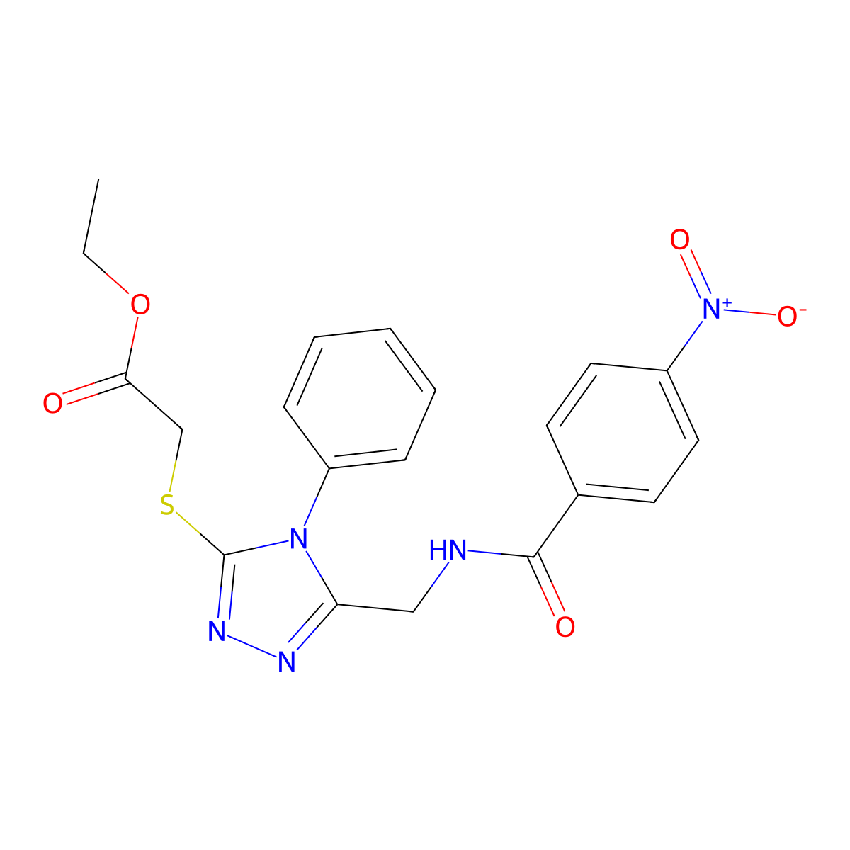 Ethyl 2-[[5-[[(4-nitrobenzoyl)amino]methyl]-4-phenyl-1,2,4-triazol-3-yl]sulfanyl]acetate molecular structure, CAS 689749-94-8