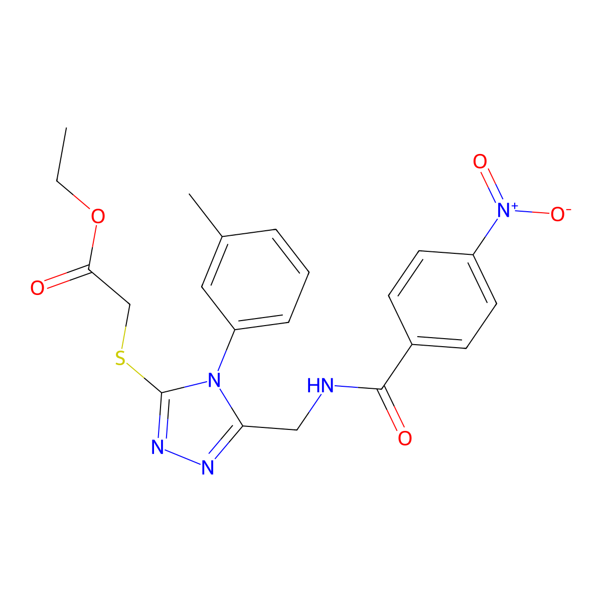 Ethyl 2-[[4-(3-methylphenyl)-5-[[(4-nitrobenzoyl)amino]methyl]-1,2,4-triazol-3-yl]sulfanyl]acetate molecular structure, CAS 689749-99-3