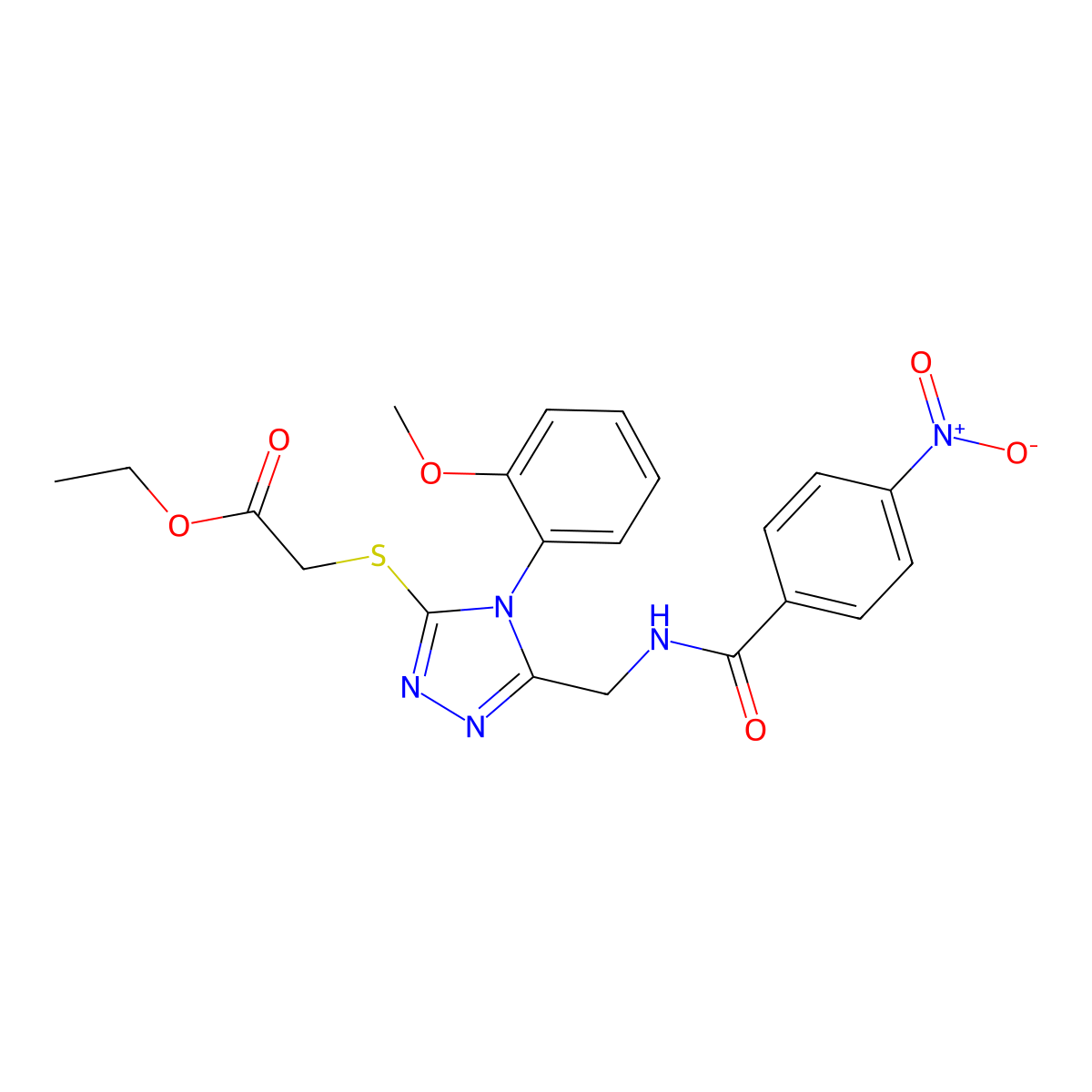 ethyl 2-((4-(2-methoxyphenyl)-5-((4-nitrobenzamido)methyl)-4H-1,2,4-triazol-3-yl)thio)acetate molecular structure, CAS 689750-05-8